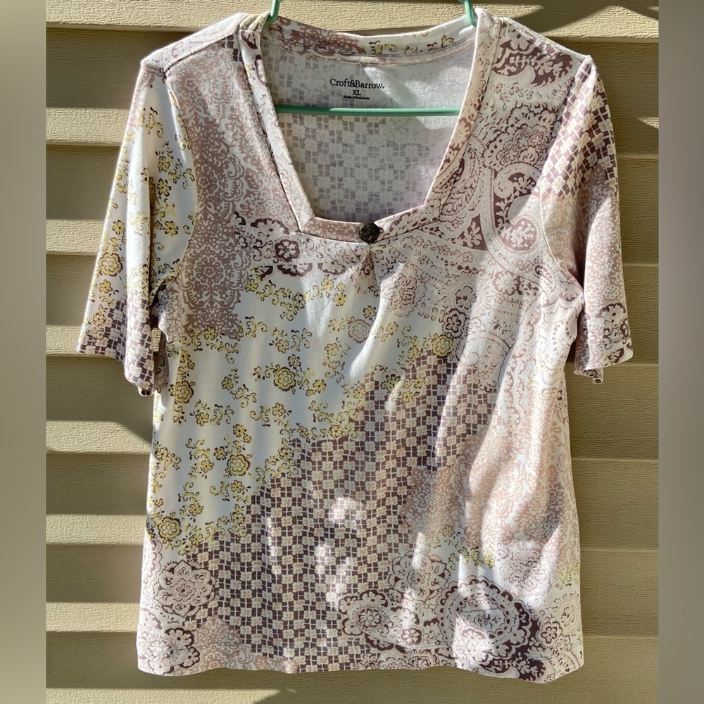 NWOT Sz-XL Paisley & Floral Croft & Barrow Women's Pastel White, Yellow, & Brown